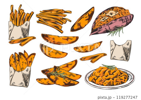 Sweet potato dishes, puree, slices and sticks pile in pack vector sketch, hand drawn set baked ripe yam, batatas menu 119277247