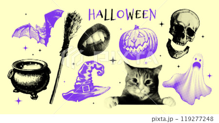 Trendy halftone Halloween vector art set with spooky components. 119277248