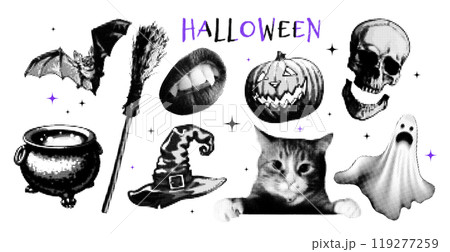 Halloween vector with halftone design of a black cat, pumpkin, bat, and skeleton. 119277259