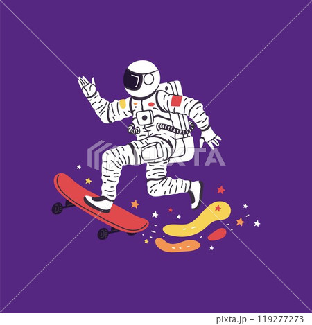Vector illustration of an astronaut riding a skateboard at high speed on a purple background 119277273