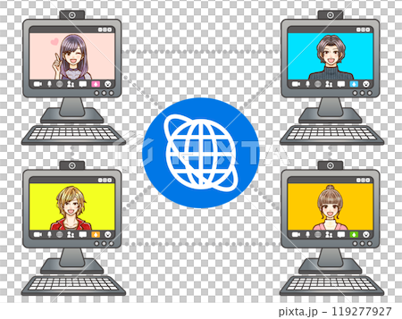 Illustration material of adult men and women in casual clothes holding a web conference on a computer Illustration material of adult men and women in casual clothes holding a web conference on a computer 119277927