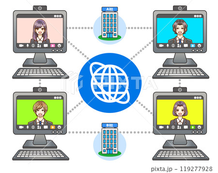 パソコンでWEB会議するスーツ姿の大人男女の会社員のイラスト素材 パソコンでWEB会議するスーツ姿の大人男女の会社員のイラスト素材 119277928
