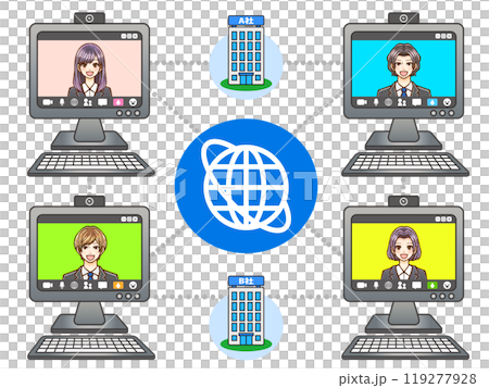 Illustration material of adult male and female office workers in suits holding a web conference on a computer 119277928