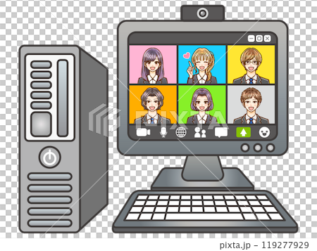 Illustration material 2 of adult male and female office workers in suits holding a web conference on a computer 119277929