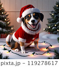 クリスマスツリーとサンタの格好の犬 119278617