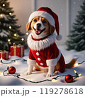 クリスマスツリーとサンタの格好をした犬 119278618