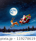 満月の雪の中でソリに乗る絵画風サンタクロース 119278619