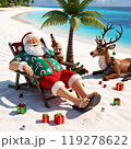 ビーチでビールを飲みながらトナカイと一緒にくつろぐサンタクロース 119278622