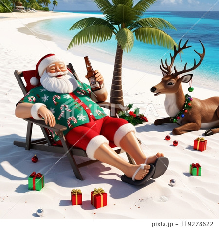 ビーチでビールを飲みながらトナカイと一緒にくつろぐサンタクロース ビーチでビールを飲みながらトナカイと一緒にくつろぐサンタクロース 119278622