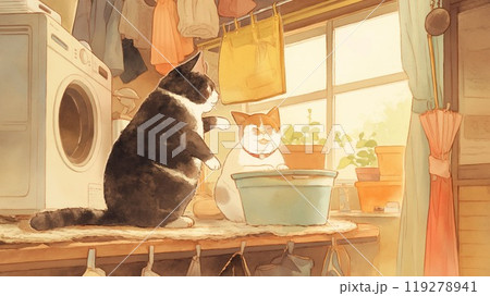 洗濯室で遊ぶ二匹の猫と水色のバケツの水彩イラスト 119278941