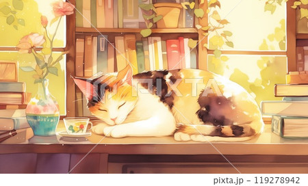 陽だまりの書斎で眠る三毛猫と本棚の水彩イラスト 119278942