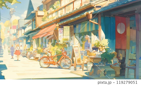 昭和レトロな日本の商店街、青空の夏風景のイラスト素材 [119279051