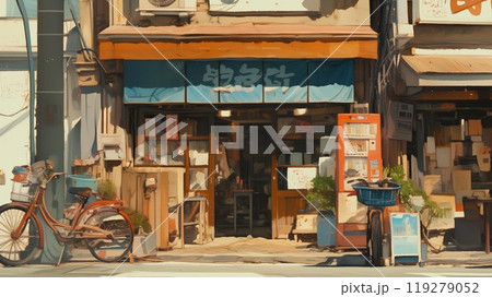 昭和レトロな街角と自転車、懐かしい商店の夏風景のイラスト素材 [119279052] - PIXTA