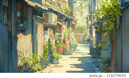 昭和レトロな路地裏と植物が彩る下町の風景 119279058