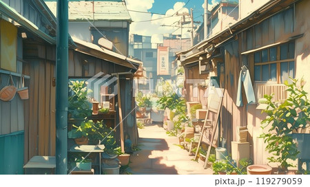 昭和レトロな路地裏と夏の陽射しが照らす下町風景 119279059