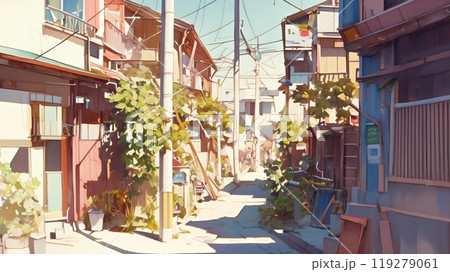昭和レトロな住宅街と木漏れ日の差し込む路地裏の風景 119279061