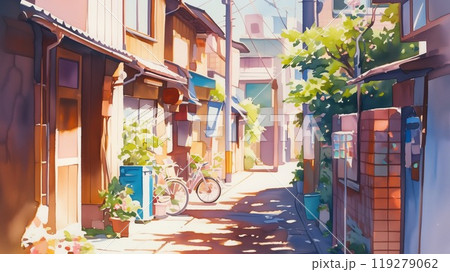 昭和レトロな路地裏と自転車が佇む夏の日差しの風景 119279062
