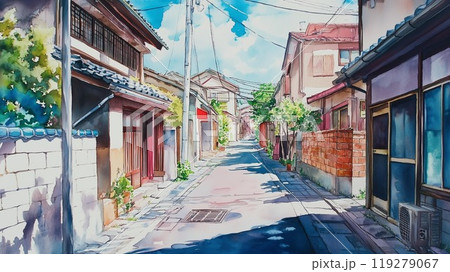 昭和レトロな街並みと夏空が広がる静かな住宅街 119279067