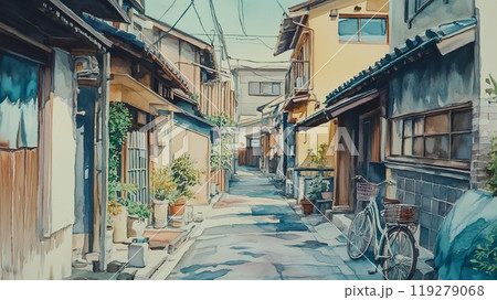 昭和レトロな住宅街と自転車が佇む静かな路地裏 119279068