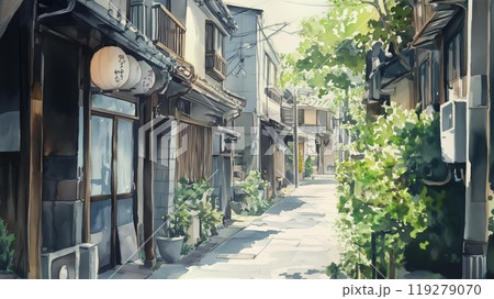 昭和レトロな町並みと提灯が揺れる静かな路地裏のイラスト素材 [119279070] - PIXTA