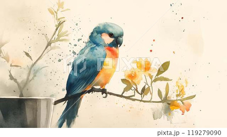鮮やかな青いインコと黄色い花が描かれた美しい水彩画イラスト 鮮やかな青いインコと黄色い花が描かれた美しい水彩画イラスト 119279090
