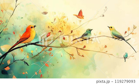 カラフルな小鳥たちが枝に集う幻想的な水彩画イラストのイラスト素材