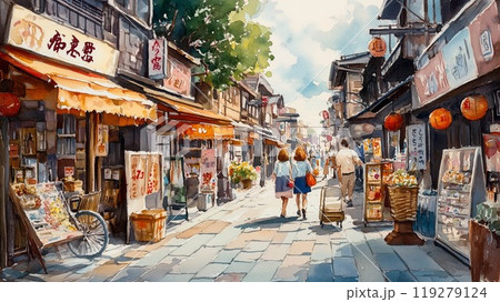 昭和　街　風景 昭和レトロな商店街、散策する人々と賑わいの夏風景のイラスト素材 [119279124] - PIXTA
