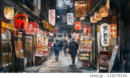 昭和レトロな居酒屋街、夜の提灯が灯る路地裏風景のイラスト素材
