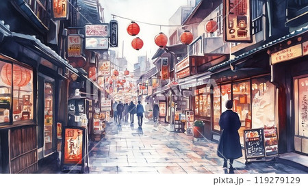 昭和レトロな商店街、赤い提灯が灯る夜の賑わい風景のイラスト素材 [119279129] - PIXTA