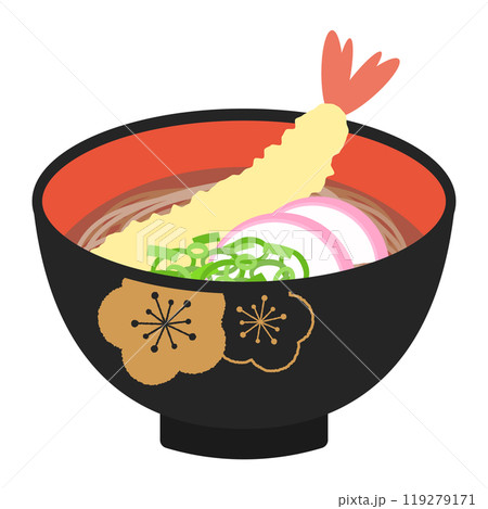 おいしそうな海老天ぷら蕎麦のイラスト 119279171