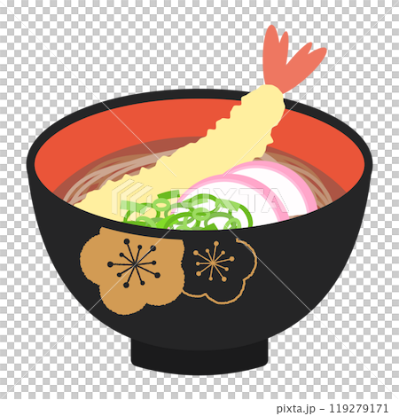 おいしそうな海老天ぷら蕎麦のイラスト 119279171