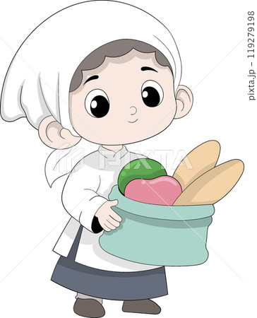 CUTE YOUNG BOY CHEF HOLDING A BASKET OF INGREDIENTS INCLUDING BREAD AND VEGETABLES 119279198
