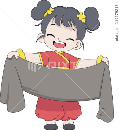 SMILING CHINESE GIRL HOLDING A BLANK FABRIC BANNER FOR TEXT TEMPLATE SMILING CHINESE GIRL HOLDING A BLANK FABRIC BANNER FOR TEXT TEMPLATE 119279218