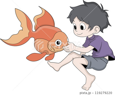 YOUNG BOY PLAYING WITH A LARGE ORANGE FISH IN A FUN AND JOYFUL SCENE 119279220