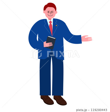 条文集を手に持った弁理士の男性が案内しているイラスト 119280443