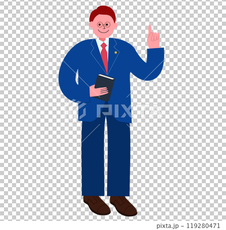 Illustration of a male lawyer holding a book of articles and pointing his index finger Illustration of a male lawyer holding a book of articles and pointing his index finger 119280471