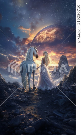 夕暮れの幻想的な風景　ユニコーンと女性 119280710
