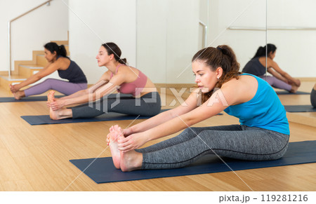 Sporty females doing stretching workout during group training 119281216