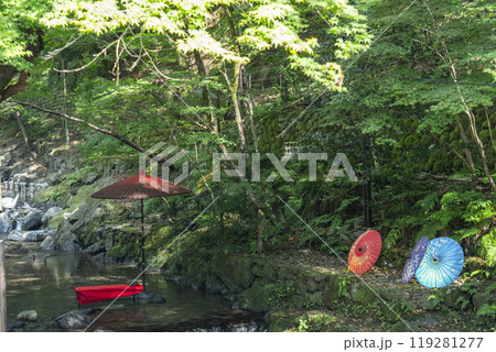 秋の貴船川　川のせせらぎ　野点傘と縁台 119281277