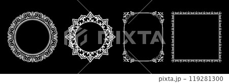 Set of decorative frames Elegant vector element for design in Eastern style, place for text. Floral black and white borders. Lace illustration for invitations and greeting cards. 119281300