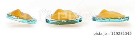 3d set of sand island on blue water of sea or ocean cartoon render icon. Tropical beach landscape, small round isle with desert or dune texture, isolated land piece with sandy shore. 3D illustration 119281349