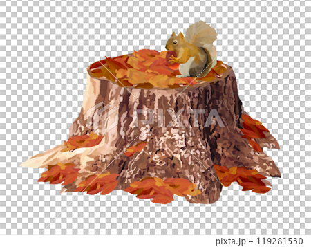 Stump (withered stump) with fallen leaves and squirrels 119281530