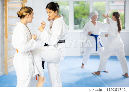 Asian female karateka honing kicking techniques during kumite Asian female karateka honing kicking techniques during kumite 119281741