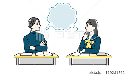 机に向かって勉強をする高校生の男女のイラスト 119281761