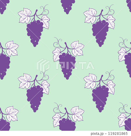 Grape seamless pattern is mint green background, purple grape berries and leaves. Grape seamless pattern is mint green background, purple grape berries and leaves. 119281865