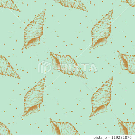 Seashells on mint green background, golden outline pattern of seashells on the seabed. Seashells on mint green background, golden outline pattern of seashells on the seabed. 119281876