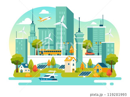Energy Efficiency in the City Vector Illustration Featuring a Sustainable Environment with Electricity Generated from Solar and Wind Power 119281993