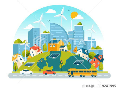 Energy Efficiency in the City Vector Illustration Featuring a Sustainable Environment with Electricity Generated from Solar and Wind Power 119281995