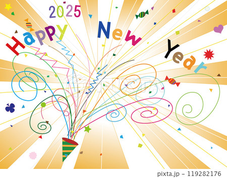 2025年の新年の挨拶のイラスト素材です。パーティーで新年を祝っています。 119282176