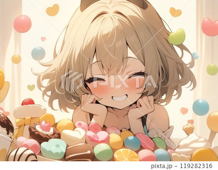 たくさんのお菓子にかこまれて幸せそうな女の子 たくさんのお菓子にかこまれて幸せそうな女の子 119282316